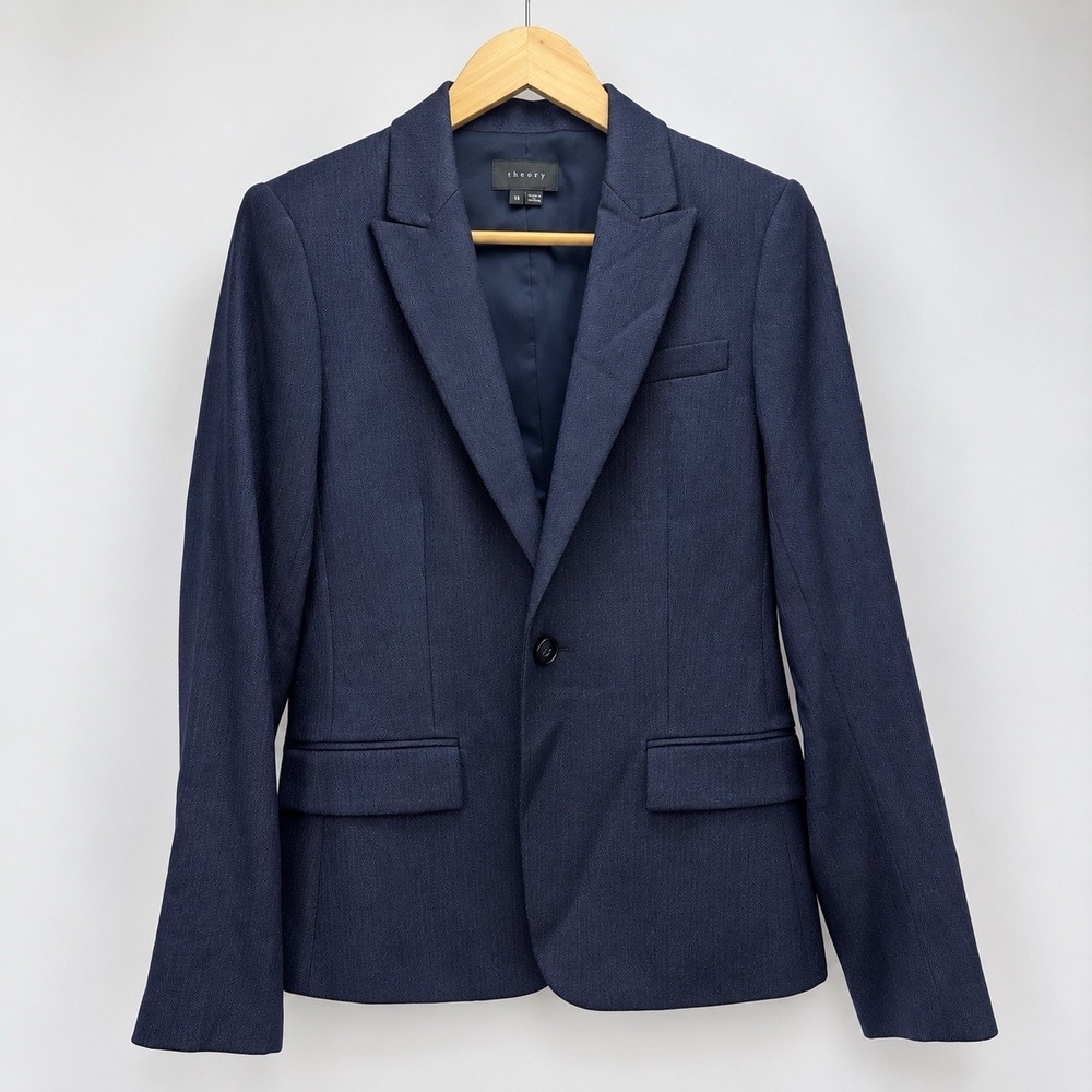 Theory Women's Navy Herringbone One Button Blazer Size 10 Tailored Career